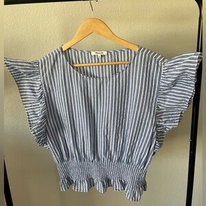 Madewell Blue and White Vertical Stripe Ruffled Flutter Sleeve Top